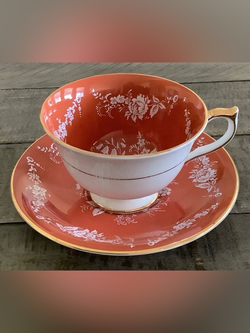 Aynsley Bone China Tea cup & Saucer Peach Orange White Rose Pattern Gold Trim